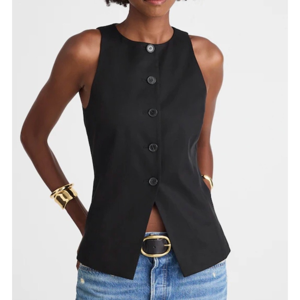 Madewell Crewneck Cutaway Vest Womens 2 Jet Black Drapey Twill Tailored Academia